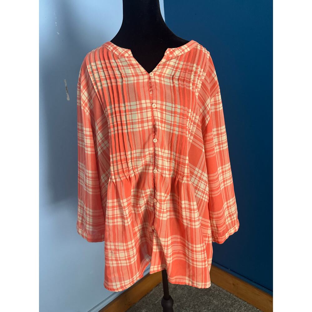 Serengeti Coral & Ivory Plaid Button-Front Blouse 2X - Picture 1 of 8